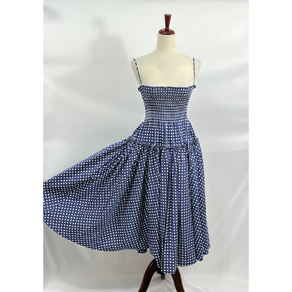 HILL HOUSE Sz XS Blue Basketweave Print Seraphina Midi Dress - Picture 2 of 11